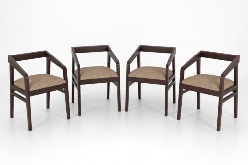 Image of Solid Sheesham Wood Dining Chair Set of 4 for Living Room & Dining Room | Wooden Arm Chair with Upholstered Cushion Seat