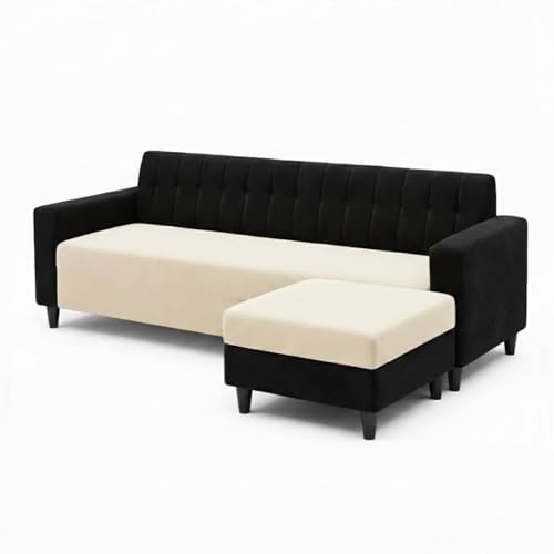 Image of FURNY Luxe 4 Seater L Shape Sofa Set with Movable Ottoman | Flexible Left or Right Layout | Plush Velvet Fabric (Black-Cream) | Perfect for Living Room, Guest Room & Office