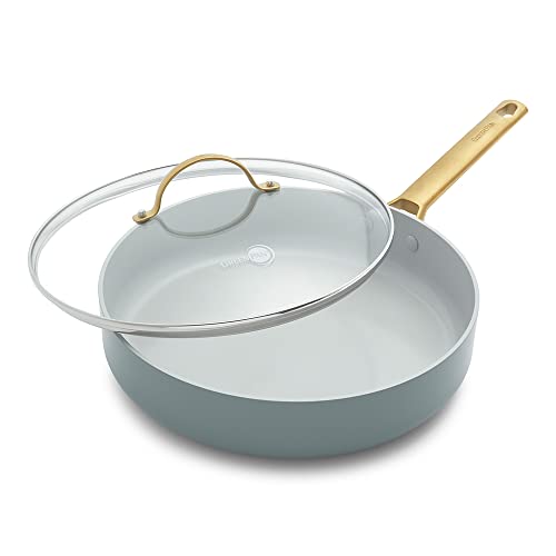 GreenPan Padova Reserve Padella per Sauté Antiaderente in Ceramica Sana Anodizzata Dura da 28 cm/3 Litri con Coperchio in Vetro, Senza PFAS, Induzione, Manico Oro, Lavastoviglie, Forno, Blu Fumoso