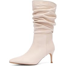 NEWBELLA Womens Stacked Mid-Calf Boots - Casual Pointed Toe Booties with Stiletto Heel for Fall Winter & Everyday Wear
