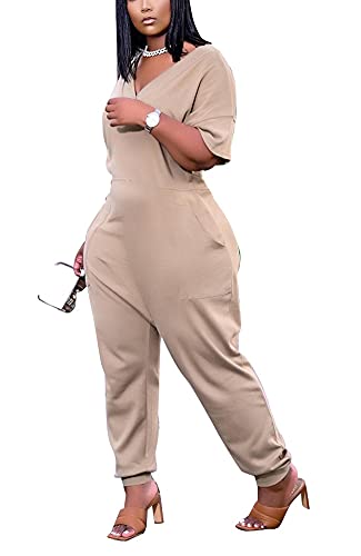 Annystore Women's Casual Loose Short Sleeve Solid Color Wide Leg Baggy Pants Plus Size Jumpsuit Romper with Pockets Apricot 4XL