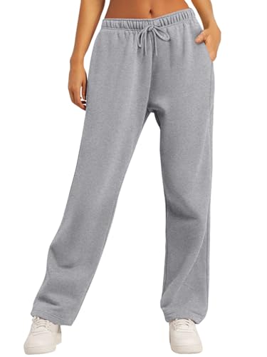 AUTOMET Women's Wide Leg Sweatpants Fleece Lined Baggy Straight Leg Lounge Pants Fall Outfits Athletic Joggers with Pockets BlackGrey L