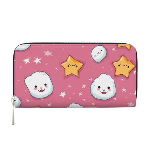 Cute Rice Balls And Stars Pattern Leather Wallet For Women Girl, Zip Around Credit Card Holder Long Pu Wallet Clutch Purse Waterproof Travel Handbag