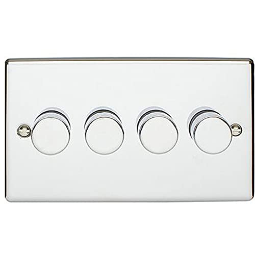 4 Gang 400W 2 Way Rotary Dimmer Switch –CHROME– Mains 240V Decorative Kitchen/Interior Wall Face Plate – Light Dimming/Dip Control Switch – Push on/off - Twist Dim
