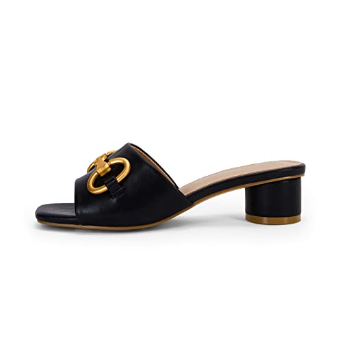 Coutgo Women's Slide Sandals Square Open Toe Slip on Comfortable Mules Block Low Heel Metal Chain Dressy Shoes4