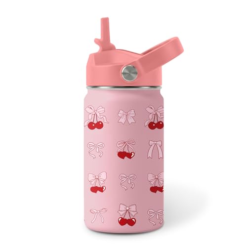Image of Cherry Water Bottle for Daughter, Stainless Steel Insulated Tumbler with Straw Lid and Handle, 12oz Reusable Leak-Proof Bottle for Sports