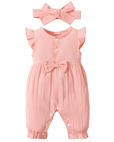 Image of Renotemy Baby Girl Clothes Romper Infant Summer Bodysuit Outfits Cotton Linen Jumpsuits Newborn Essential Preemie Clothes
