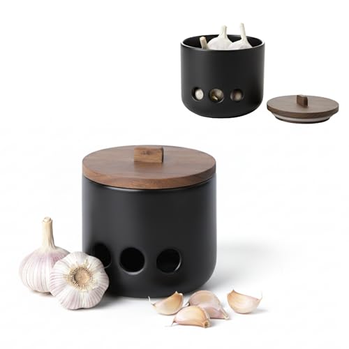 KOOK TIME Pot à Ail en Céramique CURVE - Boîte de Conservation avec Trous d'Aération et Couvercle en Acacia. Pour Ail, Échalotes ou Gingembre. Design Nordique. 11.5...