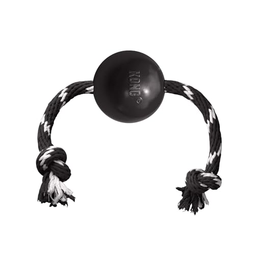 KONG Extreme Ball with Rope - Dog Fetch Toy with Rope for Easy Throwing - Durable Dog Ball Toy for Tug, Playtime & More s Most Durable Natural Rubber - Black - for Large Dogs