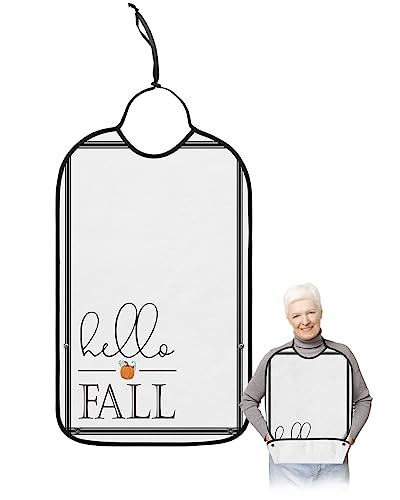 LEOKOTI Hello Fall Adult Bibs for Eating, Waterproof Bibs with Food Catcher & Adjustable Snap Closure, Autumn Pumpkin Black Board Washable Clothing Protectors Adult Bibs for Elderly Women/Men