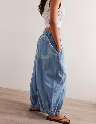 Hooever Women's Wide Leg Jeans Baggy Boyfriend Elastic Hem Denim Pants with Drawstring Waist3