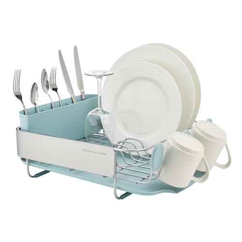 Image of KitchenAid Compact Space Saving Rust Resistant Dish Rack with Removable Flatware Caddy and Angled Self Draining Drainboard, 12.63 x 15.87 x 5.54 Inch, Mineral Water