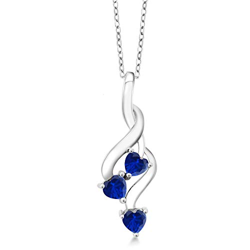 Gem Stone King 925 Sterling Silver Blue Created Sapphire Pendant Necklace For Women (1.50 Ct Heart Shape with 18 Inch Silver Chain)