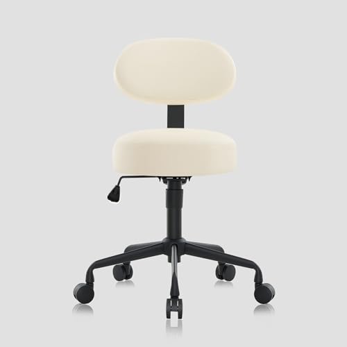Image of Heavy Duty Extra Wide Thick Cushion Seat Adjustable Height Swivel Rolling Stool with Tiltable Backrest for Clinic, Salon, Tattoo, Office, Bar and Home - NAIA 502B (Vanilla)