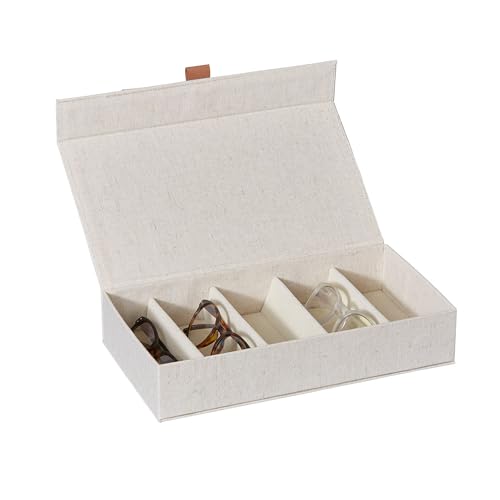 LOVE IT STORE IT Premium Custodia Occhiali in Lino-Cotone - Portaocchiali con 5 Scomparti in Velluto - Coperchio con Chiusura Magnetica - Rinforzo in Legno - 30x17x6 cm - Beige