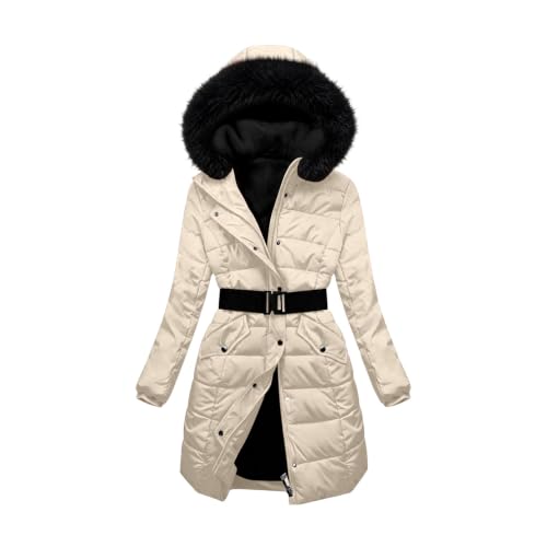 Puffer Jacket Womens Lightweight Long Quilted Coat with Faux Fur Hood Belt | Womens Faux Fur Hood Belted Puffer Coat with Snap Zip Front, Flap Pockets, and Mid-Length Warmth for Fall Layering. - image 5