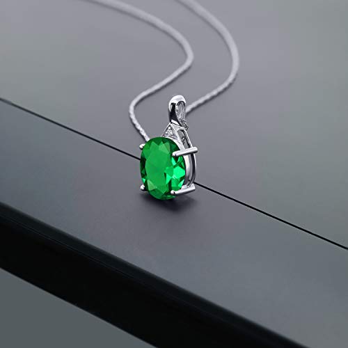 Gem Stone King 14K White Gold Green Simulated Emerald And White Diamond Pendant Necklace For Women (4.02 Cttw, Oval 12X10Mm, With 18 Inch Chain) #TOP2