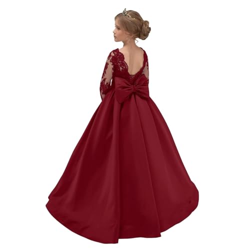 Long Sleeve Pageant Dresses for Girls Satin Lace Flower Girl Dress with Bow Kids Prom Ball Gown