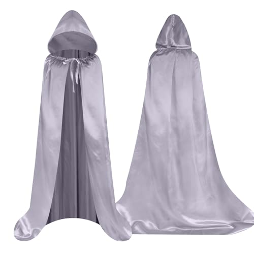 Aomig Cape à Capuchon, Déguisement Adulte Unisexe Costume, Cape Sorcier, Halloween Cosplay Costume Cape Longue Cape, Déguisement pour Halloween, Bal Masqué (Argent-150cm)