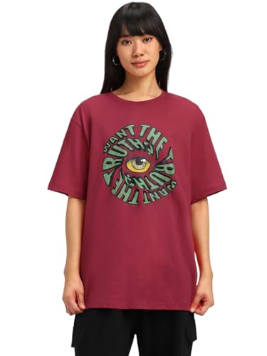 Image of JUNEBERRY Oversized Loose Baggy Fit Drop Shoulder Half Sleeves Pure Cotton Want The Truth Swan White & Viva Magenta Graphic Printed Cool Boyfriend T-Shirt for Women