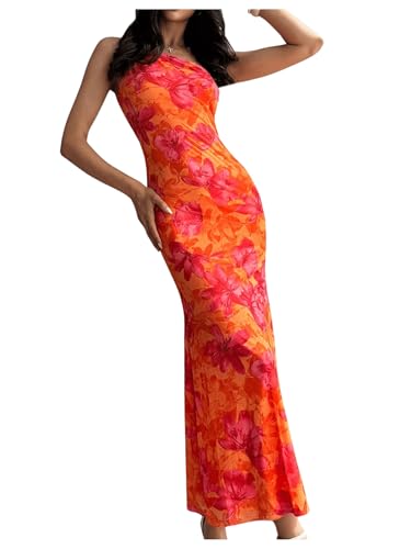 GORGLITTER Women's Floral Asymmetrical Bodycon Maxi Long Dress One Shoulder Summer Graduation Going Out Sundresses