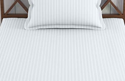 Image of 240 Tc Cotton Feel Satin Stripes /Lining Plain Bedsheet for Single Bed Bedsheet with One Pillow Cover for Home- Hotel-Guest House 60x90 Inch (White)