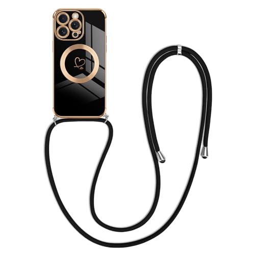 Newseego Crossbody Lanyard Case for iPhone 15 Pro Max[Compatible for MagSafe], Cute Heart Flexible Silicone Protective Phone Case with Adjustable Strap Necklace Bumper Cover iPhone 15 Pro Max-Black