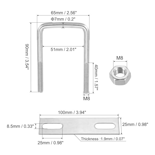 Image of PATIKIL M8x50x90mm Square U-Bolts Kit, 2Set 304 Stainless Steel Square U Shaped Bolts Replacement Parts with Frame Plates and Nuts for Ski Board Sailboat Trailer