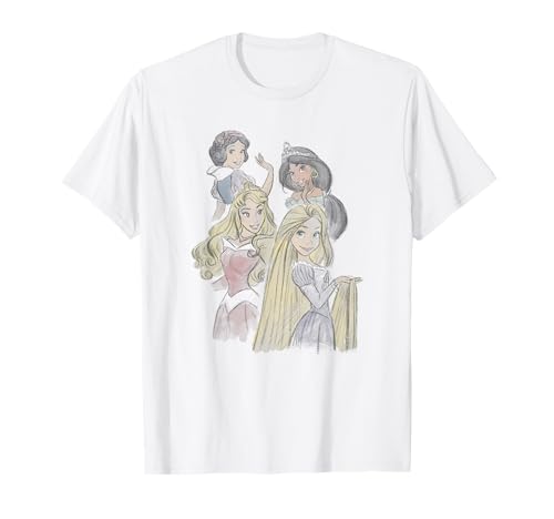 T-shirt Disney Princesses au style croquis artistique rétro pour femme amateur de pop culture