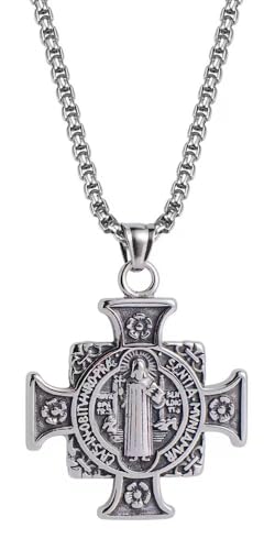 Saint Benedict Cross Necklace, Christian Sacramental Medal Pendant, Stainless Steel Ward off Evil Protection Jewelry