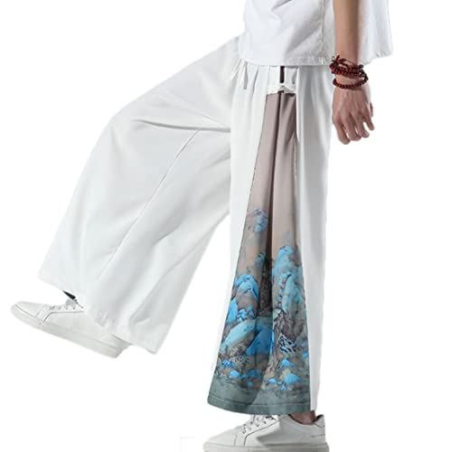 HZCX FASHION Mens Wide Leg Palazzo Pants Elastic Waist Yoga Painting Patch Slack(White,Small)