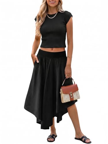 Image of Tankaneo Womens 2 Piece Skirt Set Summer Casual Cap Sleeve Ribbed Crop Tops Midi Dress Vacation Outfits with Pockets