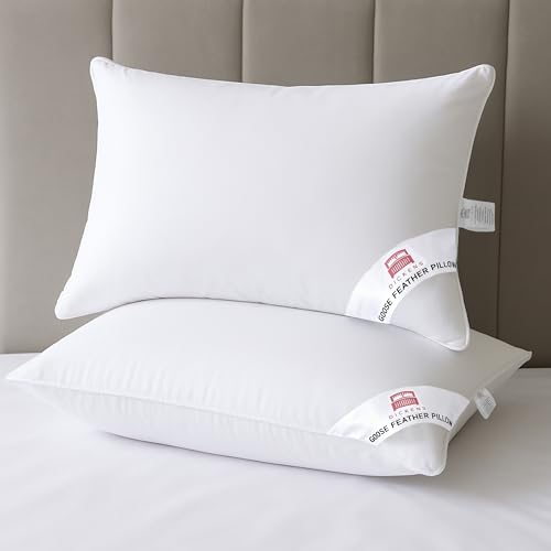 2 Pack Goose Feather Pillows - Goose Down Pillow with Downproof Dual Layer Cover, 100% Cotton Shell Luxury Pillows - Soft Quality 85% Goose Feather 15% Goose Down (50cm x 74cm)