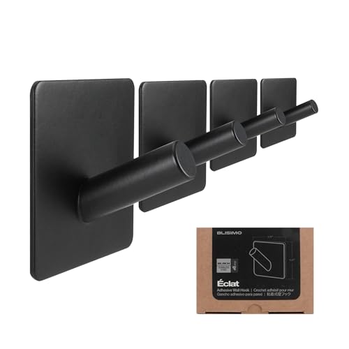 BLISIMO Heavy Duty Adhesive Hooks. Sticky Wall Hook for Towel, Coat, Loofah. Damage Free Removal. Water/Rust Proof for Bathroom, Shower, Kitchen, Office. (Matte Black/Stainless Steel / 4-Pack)