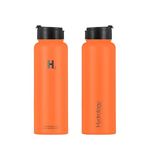 H2 Hydrology Water Bottle - 18 Oz, 22 Oz, 32 Oz, 40 Oz, Or 64 Oz With 3 Lids Double Wall Vacuum Insulated Stainless Steel Wide Mouth Sports Hot & Cold Thermos (40 Oz, Orange) #TOP3