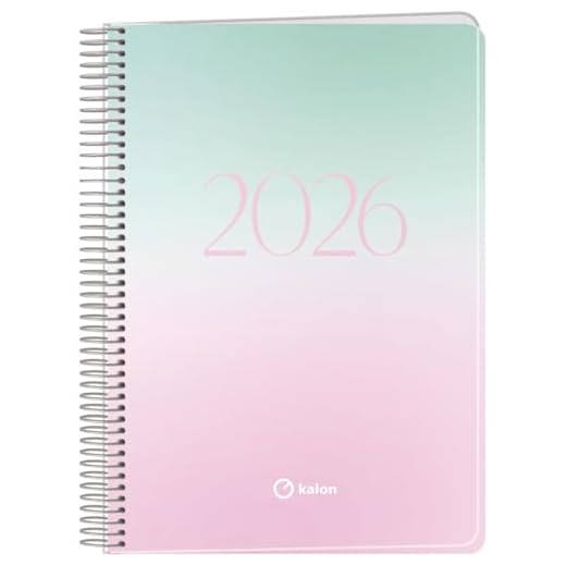 Q Kalon - Agenda 2026 - Semana Vista Vertical, Tamaño A5 (15x21 cm), Planificador Anual Multidioma (ESP, ING, FR y ALE), Cierre de Anillas, Tapa de Cartulina y Plástico Protector - Sunset