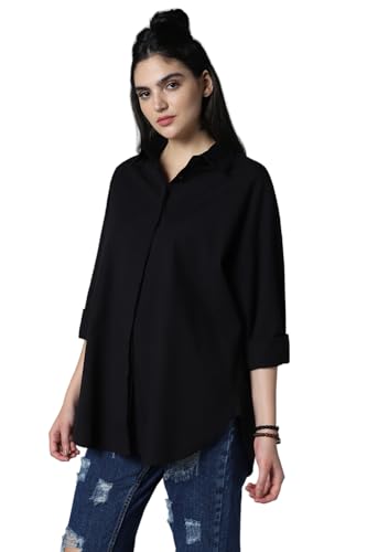 Image of High Star Relaxed Oversized Spread Collar Long Sleeve Cotton Longline Casual Shirt