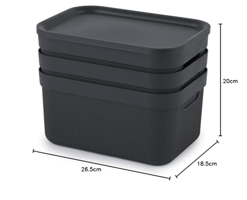 JIVE 3er Set Aufbewahrungsbox mit Deckel klein 5 l, Kunststoff (PP recycelt), mit Flechtmuster, dunkelgrau, 3x5l (26,5 x 18,5 x 13,5 cm)