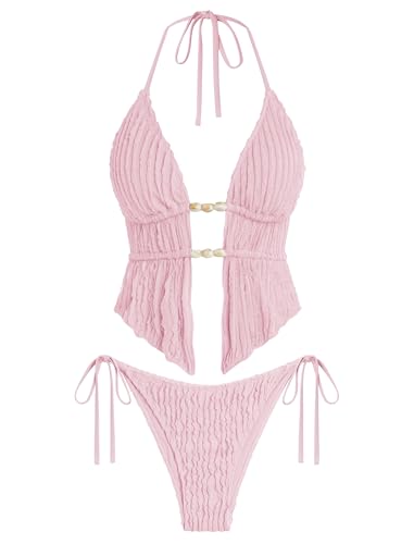 Image of ZAFUL Halter Swimsuits for Women Textured Backless 2 Piece Bathing Suits Cheeky High Cut String Tie Side Bikini Sets