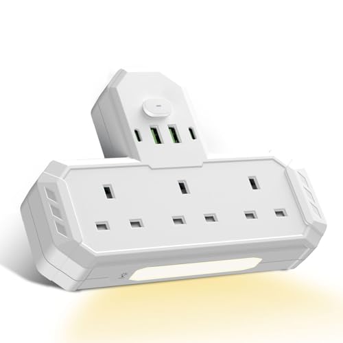 Multi Plug Adapter with USB C, 3 Way Plug Adaptor With Nightlight, Plug Adapter UK Built-in with Switches,with 2USB & 2USB-C Ports, Wall Plug UK Extender For Home Office White