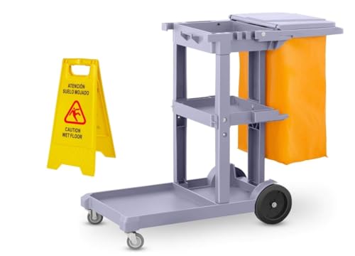 NOLDAR | Carro de Limpieza Profesional con Bolsa. Incluye señal de Advertencia Suelo Mojado - Carrito de Limpieza con 3 estantes, Plataforma Frontal y Ruedas Resistentes. Color Gris