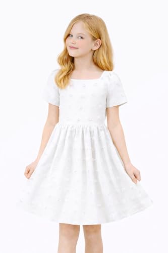 Image of HILEELANG Girls Summer Dress Bow Tie Back A-Line Party Dress for Little Big Girls Short Sleeve Dress with Lining 6-12 Years