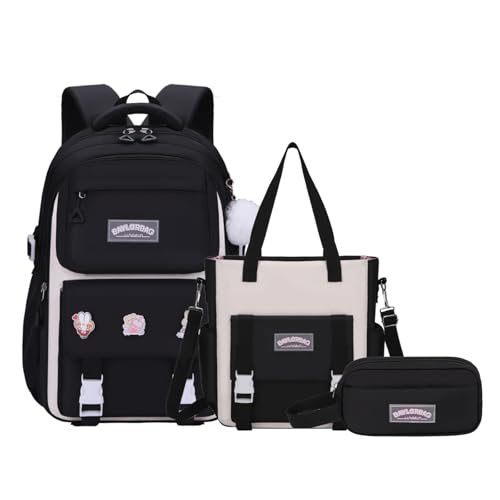 Mildame Girls Backpack Set, Kids School Backpack for Girls, Large Capacity Bookbag for Elementary Primary School, Cute Teens Travel Bag, Black