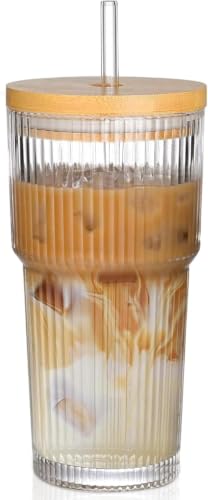 Image of FUNKYFINDS Glass Cups with Lids and Straws, 600 Ml Ribbed Glass Tumbler for Iced Coffee, Smoothie, Juice & Cold Drinks, Reusable Thick Glassware Set, Elegant Home & Travel Drinkware【1 Pack】