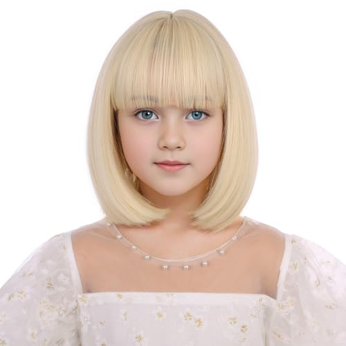 DUDUWIG Girls Light Blonde Bob Wig Kids Short Blonde Straight Wig Bright Blonde Wig for Child Hairnet Include