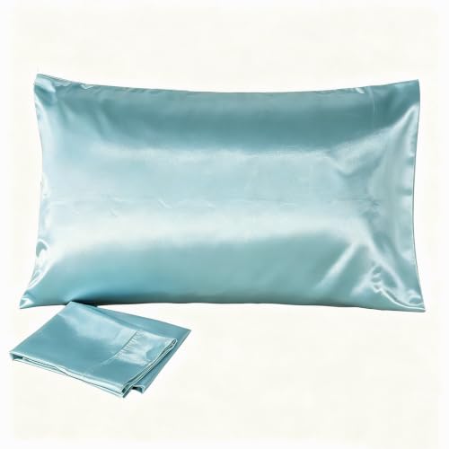 Juwenin Bedding,Super Soft and Luxury Silky Satin Pillowcase with Zipper (Silky Satin Pillow Case for Hair) Set of 2 (Aqua, Standard(20''x26''))