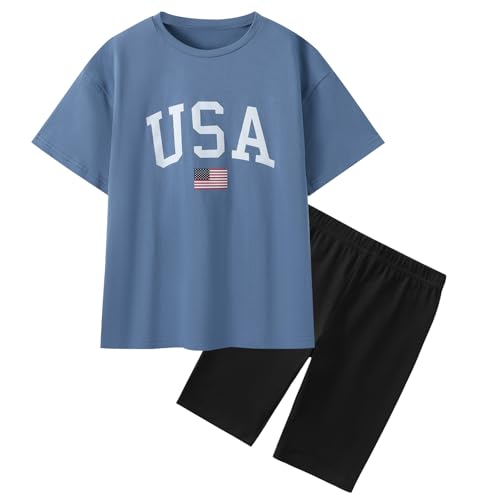 Image of Weixinbuy Girls 4th of July Outfit 2 Piece Short Sleeve Oversized T-Shirt and Biker Shorts Kids Fashion Summer Colothes Set