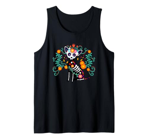 Día de los Muertos Chihuahua esqueleto con corazón y flores Camiseta sin Mangas