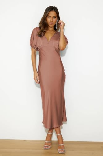 Image of Summer Satin V Neck Puffy Sleeves Empire Waist Midi Dresser Silk Sexy Tie Back Formal Cocktail Dresser for Women Wedding