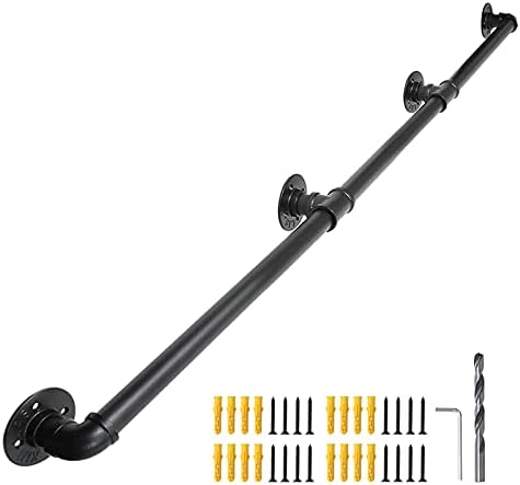 SCIEO 8FT Staircase Handrail with 4 Wall Mount Support Industrial Loft Round Corner Pipe Banister Metal Galvanized Steel Grab Bar Hand Railing Indoor Outdoor Deck Hand Rail, Black